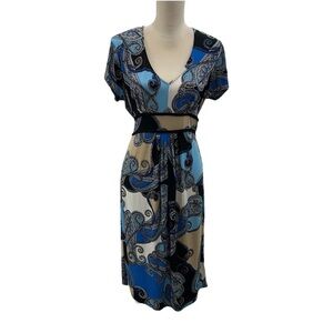 Attention V Neck Blue and Black Paisley Dress